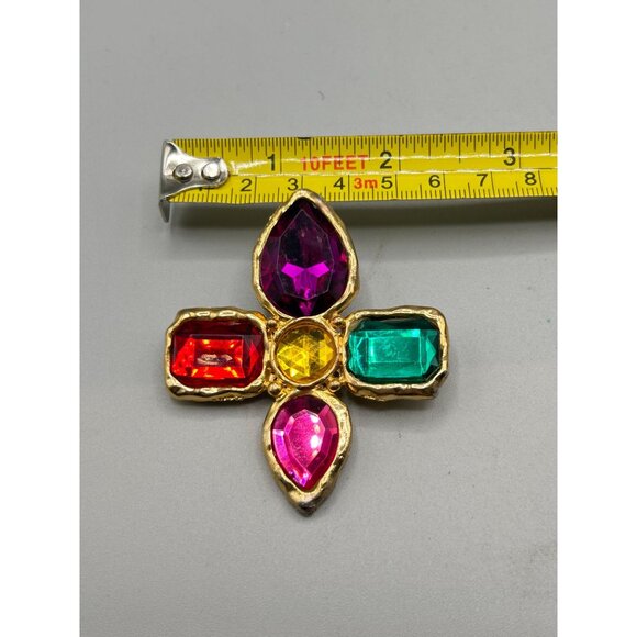 Vtg 80s 90s Colorful Pin Brooch Jeweled Red Green Purple Pink Gold Tone Metal - Picture 9 of 9